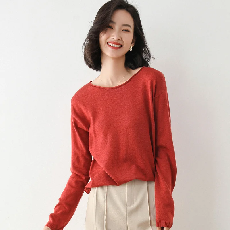Осенние однотонные вязаные пуловеры с круглым вырезом в Корейском стиле, теплый Укороченный джемпер с длинными рукавами, свитеры для дам