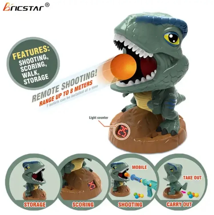 Bricstar ABS material children shooting game toys cartoon dinosaur shooting sound light foam ball guns toys