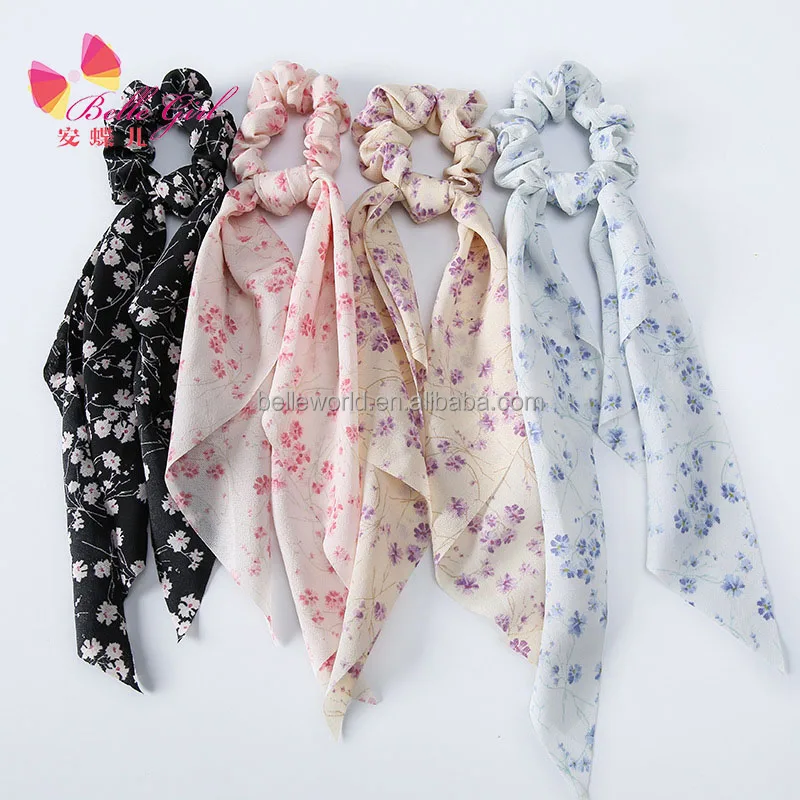 BELLEWORLD wholesale Korean new accessories floral daisy printed scarf scrunchie long ribbon scrunchies for women