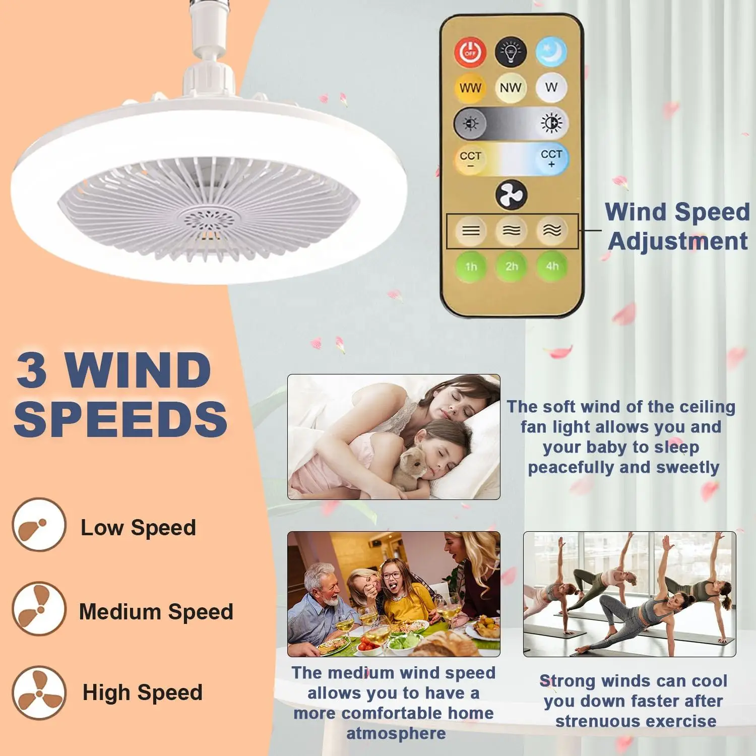 Modern Minimalist LED Ceiling Fan White Light Indoor Silent Fan Three Gear Light Mode Chandelier Ceiling Fan Light