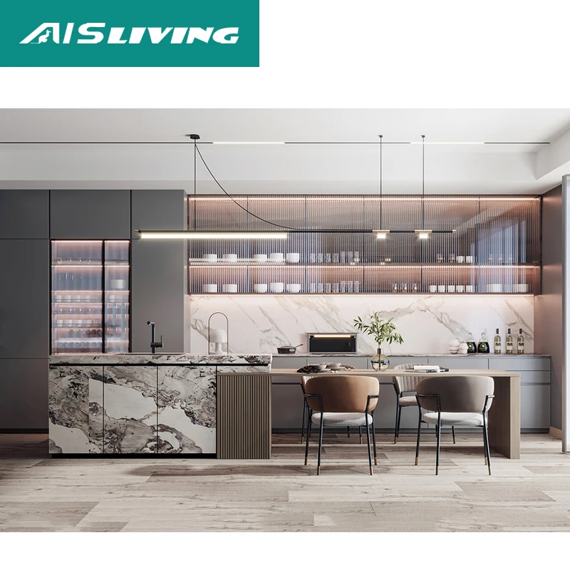 Custom Joinery kitchen set kabinet Furniture Set Design Modern Aluminum Frame Glass Kitchen Cabinets In Stainless Steel