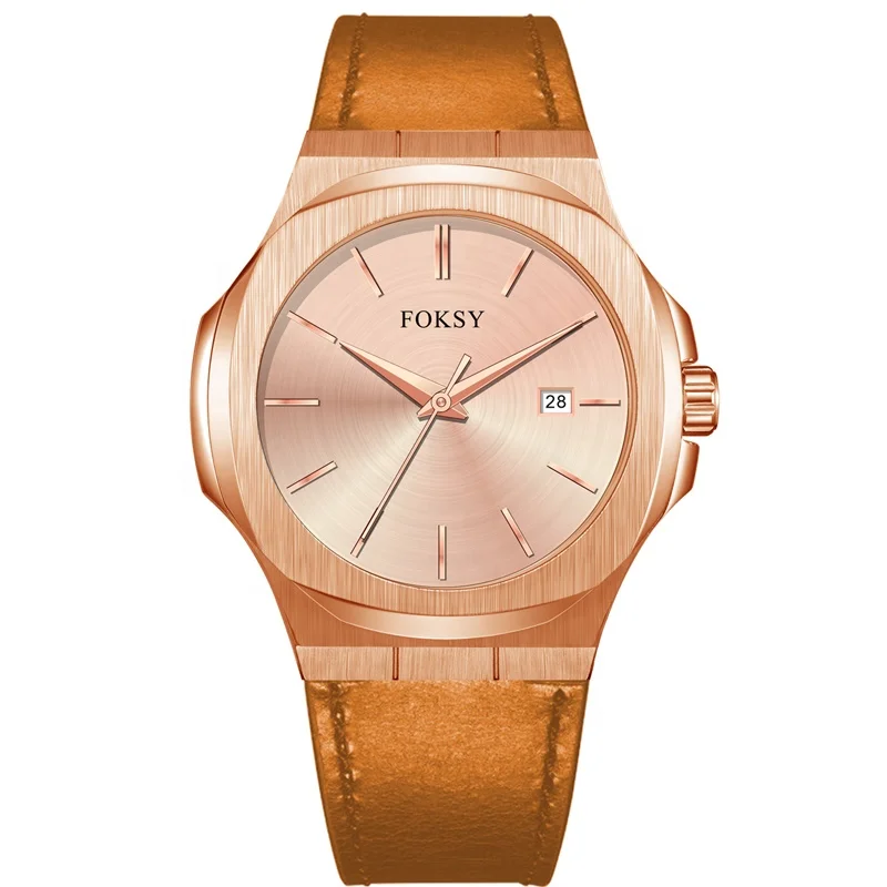 Rose Gold 316L Steel Case Green Dial Black Leather Branded Men Wrist Watch New Fashion Trendy