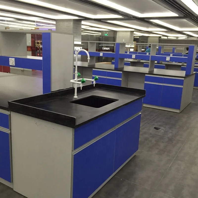 Modern Laboratory Wooden Island Bench Wooden Laboratory  Work Bench with Shelf on Top and PP Sink