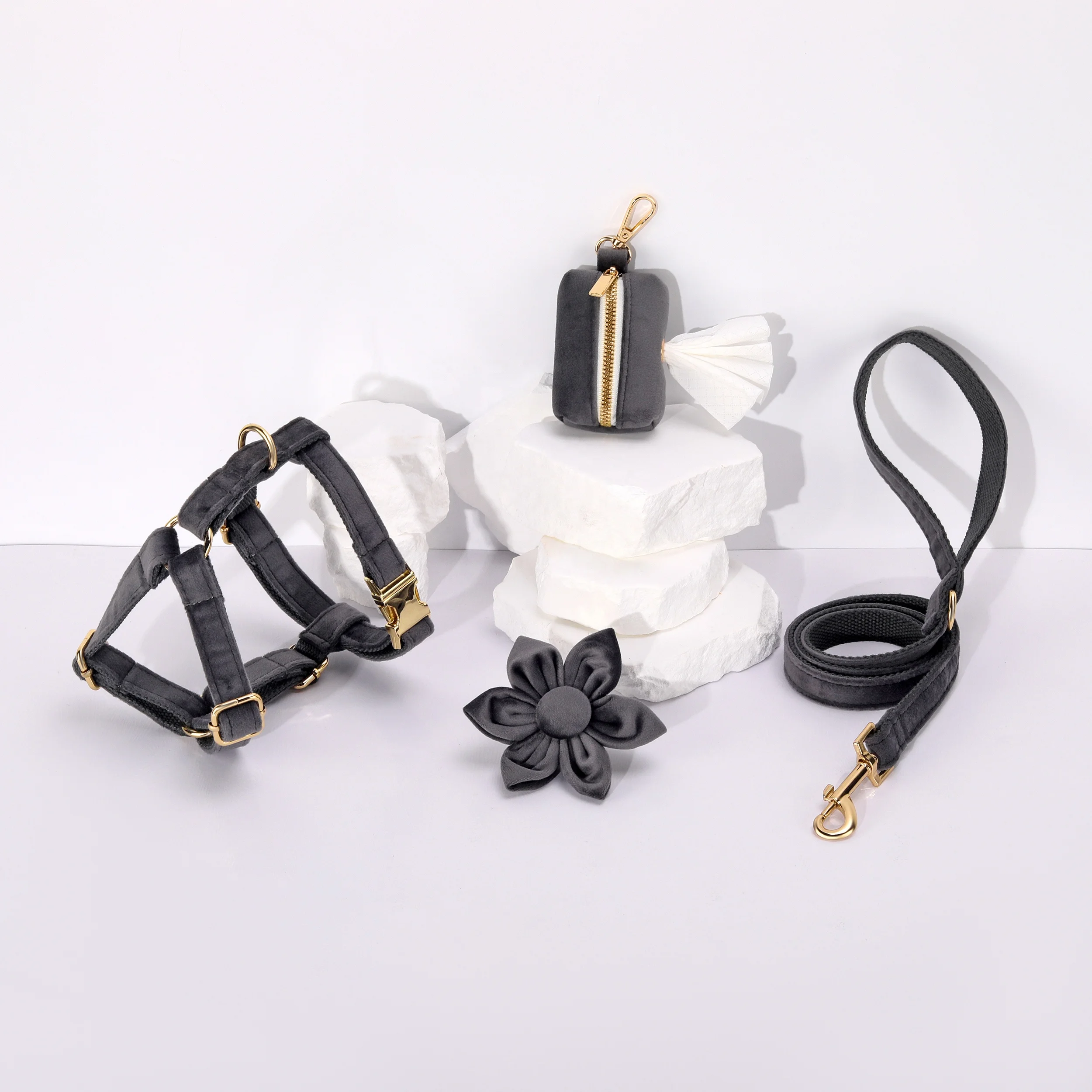 2024 new products ideas fashion adjustable dog harness high quality cute dark grey velvet designer harness for dogs pet leashes