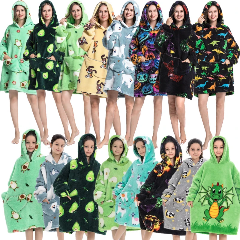 Winter Cute Print Anime Mens Kids Women Custom Cozy Christmas Long Wearable Sherpa Fleece Oversized Hoodie Blanket