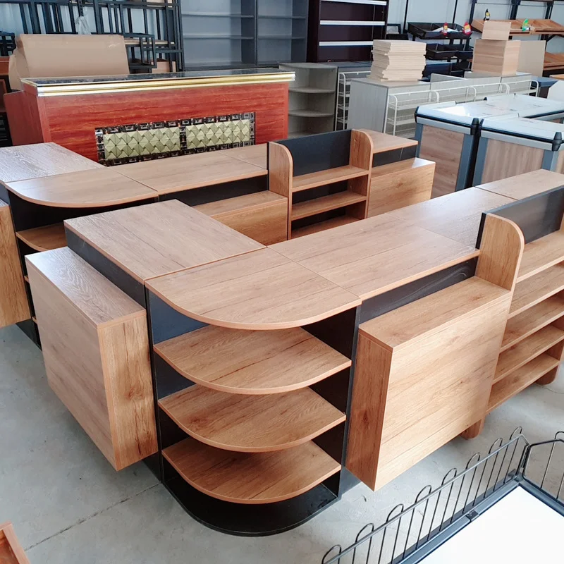 Wooden combination cabinet commercial cash register manufacturer supply supermarket corner shelves display racks cash register