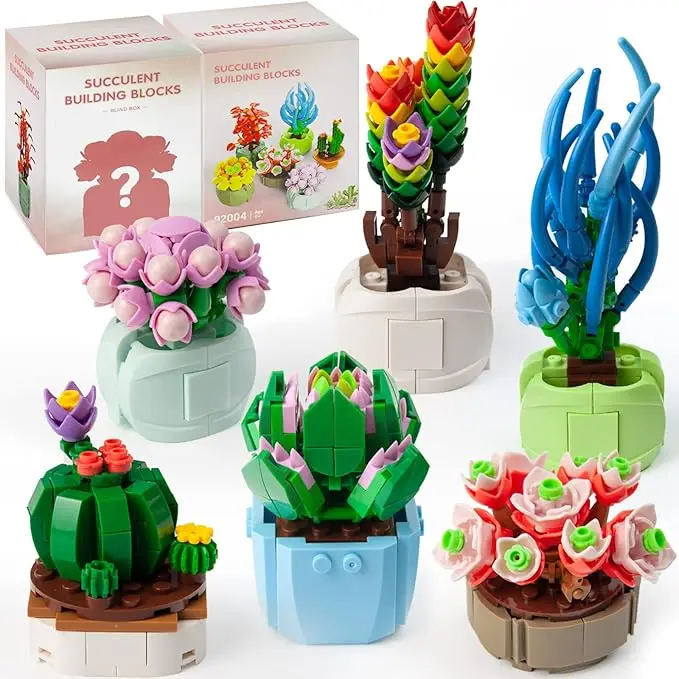 DIY Creative Home Decor Fun Kids Construction Toy Plastic Succulent Bouquet Potted Plant Building Blocks Model Toy Inspired Cars
