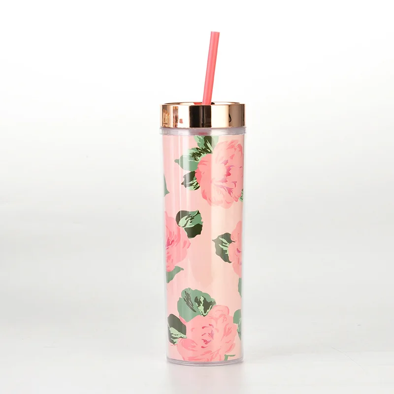 Wholesale 16oz Tumbler Trend flower Double Wall Acrylic Tea Coffee Skinny plastic tumbler cups in bulk With Lid And Straw