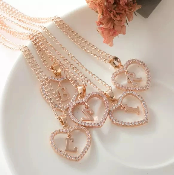 Christmas Rose Gold A To Z Fashion Heart Initial Name Letter Necklace For Men And Women