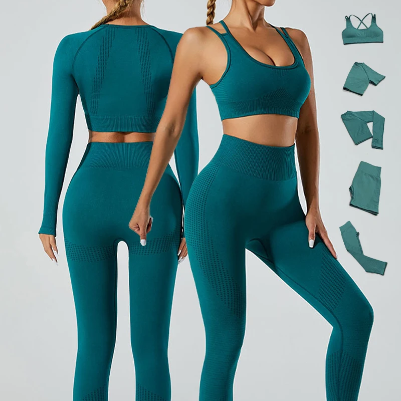 New Womens Activewear Workout 5 Piece Yoga Set Sport Fitness Wear Seamless Gym Set