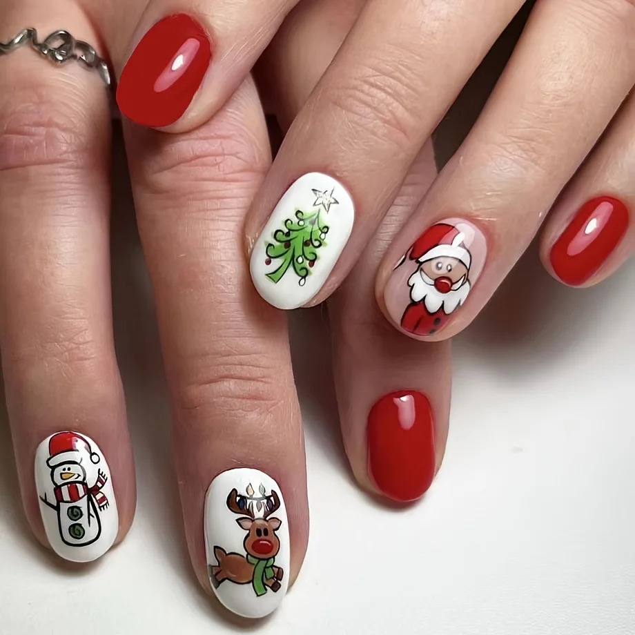 New Christmas Cartoon Santa Claus Design Reusable False Nails White Red Girls-Finger Application Packaging Box Artificial Nails