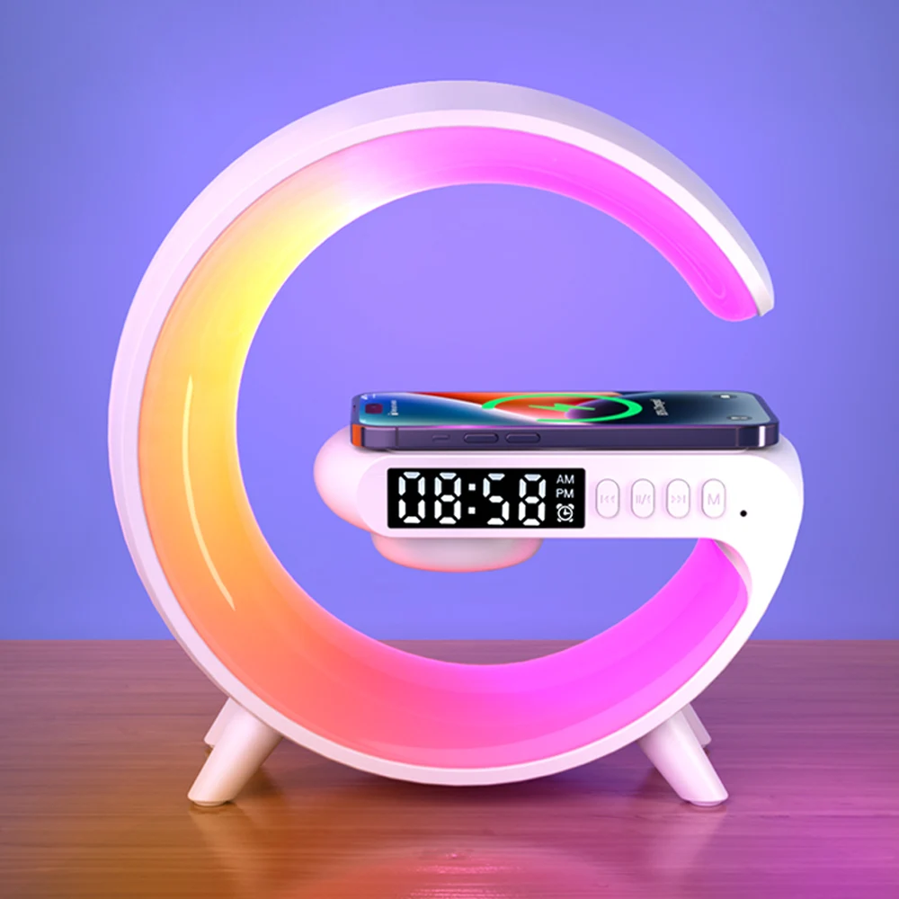 Hot Sell Mini G Shape Rgb Night Light Wireless Charging Smart Alarm Clock Lamp