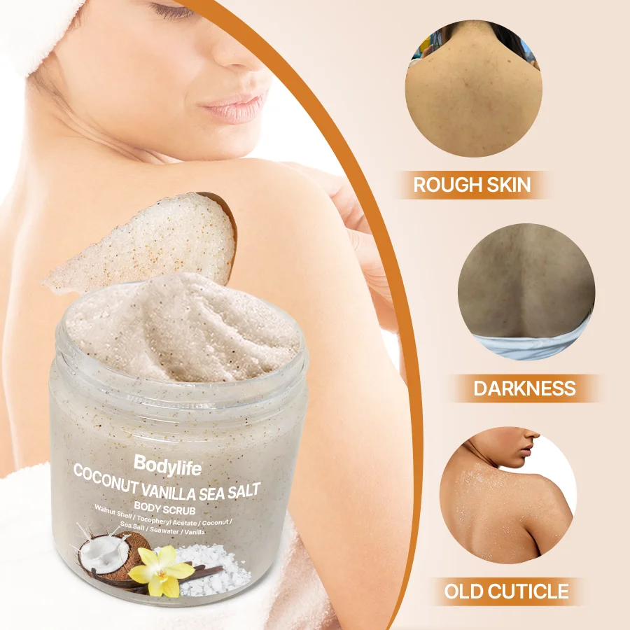 200g Organic Coconut Vanilla Exfoliating Whitening Gommages Corporels Sea Salt Face Body Scrub With Shea Butter Ingredients