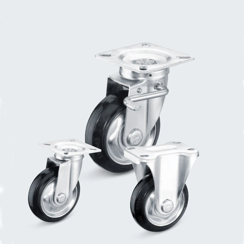 Industrial Caster wheel Black Elastic Rubber Wheel Heavy Duty Plate Type Caters with Brake