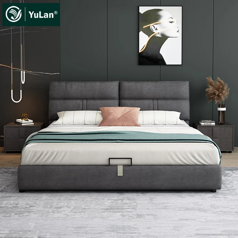 Confortable King queen double size simple modern leather solid wood storage divan bed