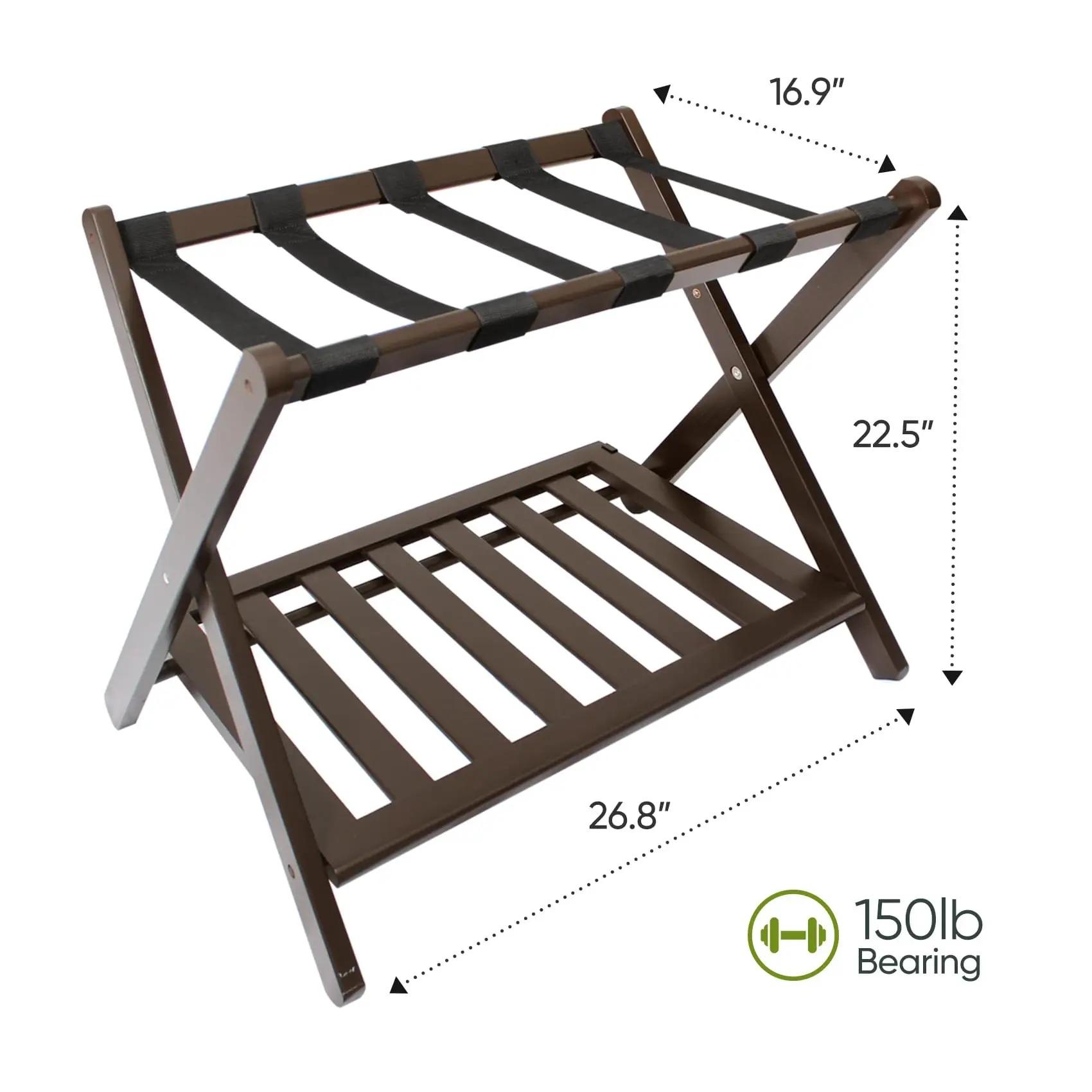 Bamboo 2-Tier Foldable Luggage Rack Brown Fully Assembled Luggage Shelf Heavy Duty Durable Wood Luggage Rack Stand
