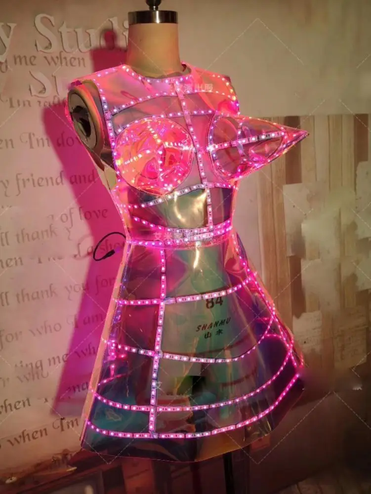 Remote Control LED Light up Dance Costume LED Costumes Nightclub Magic Color Laser TPU Pointed Chest bar Gogo Costume