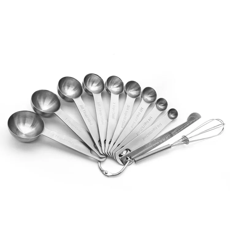 Set of 9 Stainless Steel Metal Measuring Spoons with Leveler and Whisk