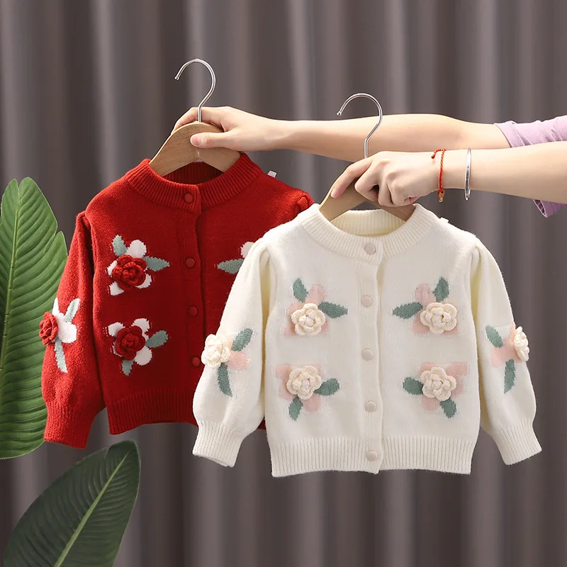 New 2023 Long Sleeve Flower Knitwear Baby Girl Round Neck Sweater Coat Top Baby Clothes Winter Knitting Crochet Cardigan Sweater