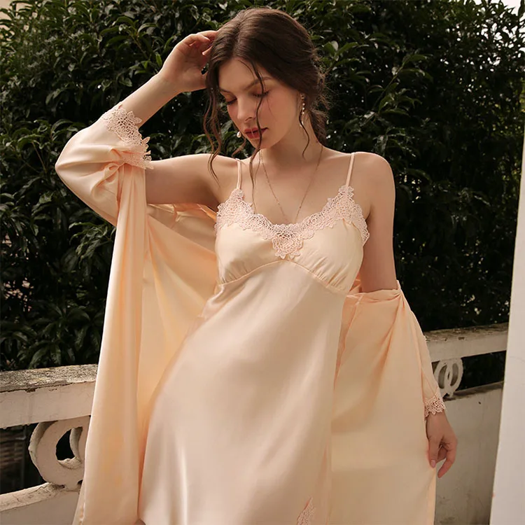 2 Piece Loungewear Sleepwear Sexy Lingerie Nightgown Lace Chemise Satin Slip Silk Negligee Nightie Bridal Babydoll for Women