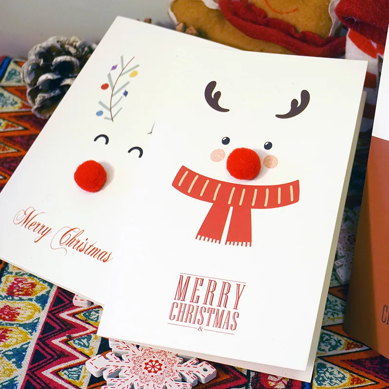 Wholesale Custom Printing Logo  3D woolly Red Nose Christmas Moose Elk Wishing Gift Paper Greeting Card