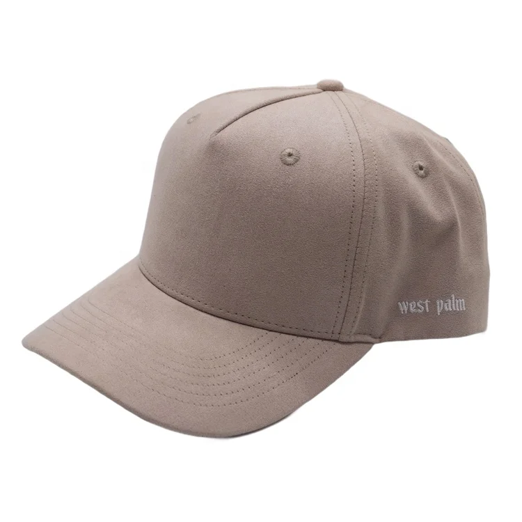 Custom wholesale 5 panel suede hats curved brim A-frame flat top  adjustable baseball cap