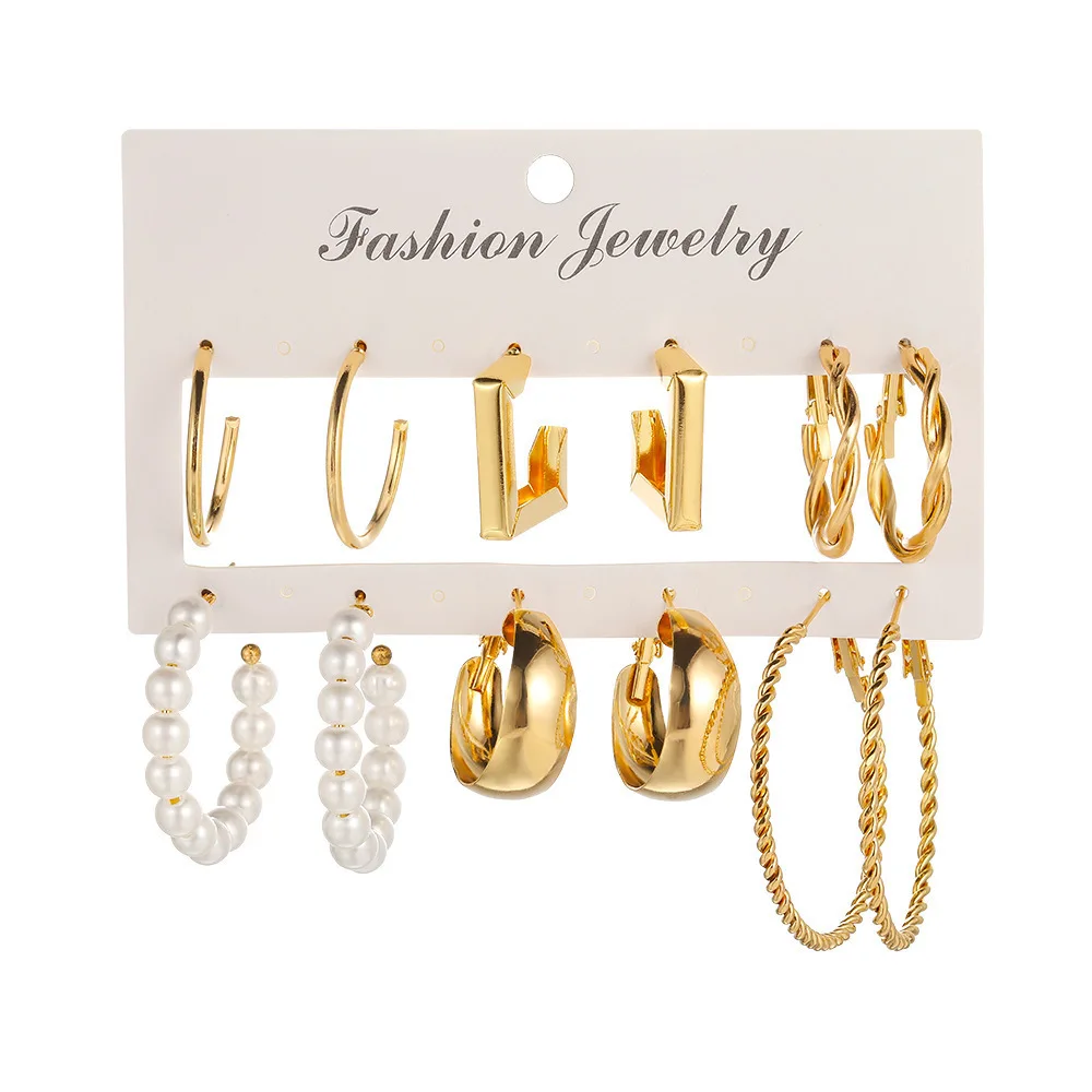 Custom Geometry Earrings Jewelry Women Stainless Steel 6 Pairs Vintage Pearl Earrings Set