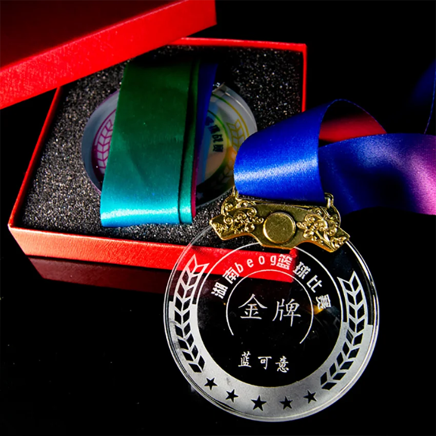 Customized Sublimation Quality Crystal Medal With Ribbon Glass Medals plaques Gold Sports Marathon Soccer Karate Acrylic Medal