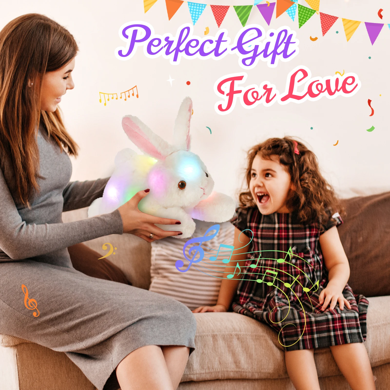 Musical Stuffed bunny rabbit Soft Singing Light Up Plush Toy Glow Lullaby Animated Soothe Birthday for Kids Toddler, Gray