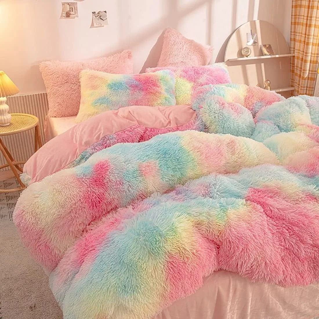 Faux Fur Duvet Cover Set Tie Dye Rainbow Plush Fluffy Luxury Bedding Fitted Sheets Sets Colorful Velvet Bedding Set