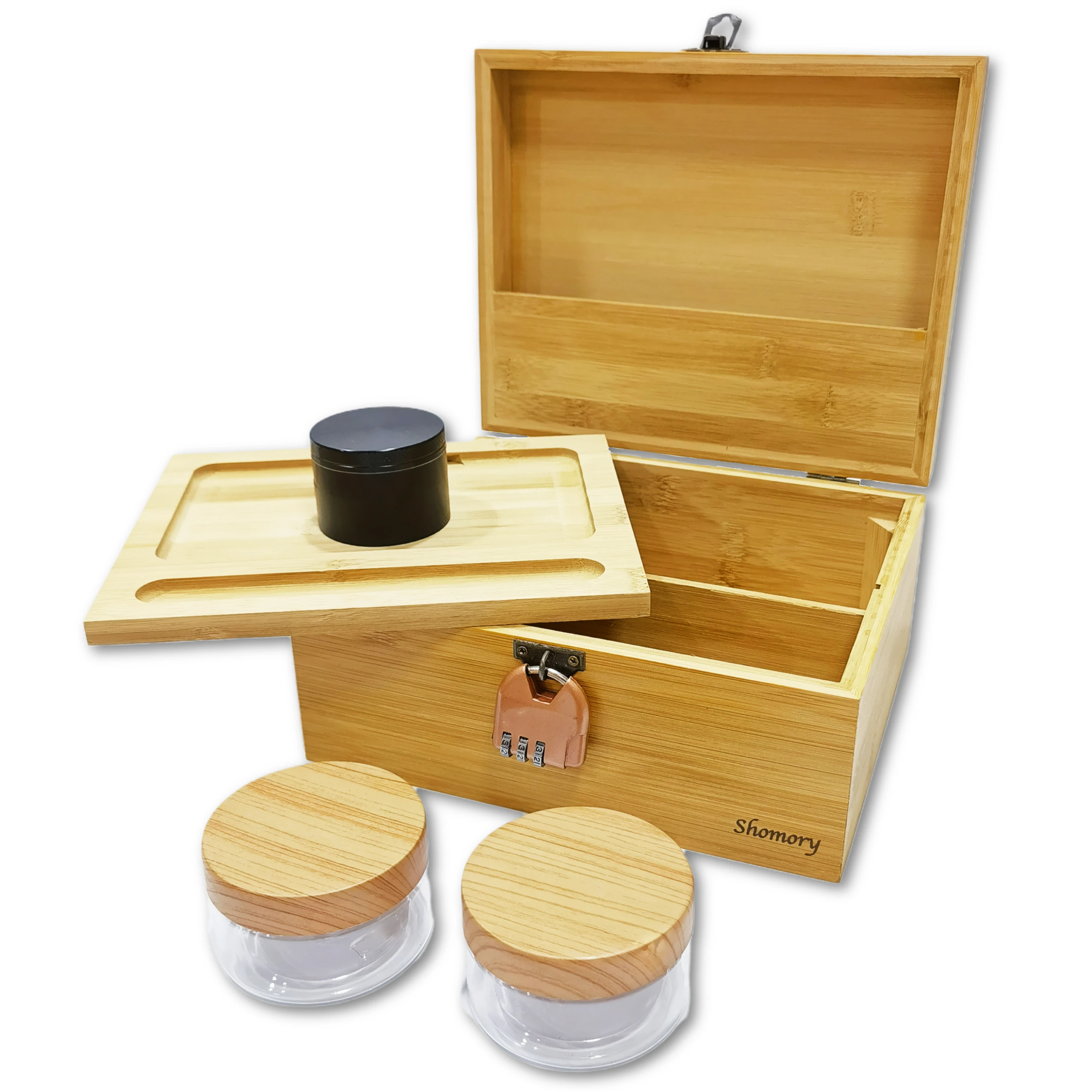 Custom Smell Proof Bamboo Stash Box Rolling Tray with Lock grinder and Jars ready for shipping