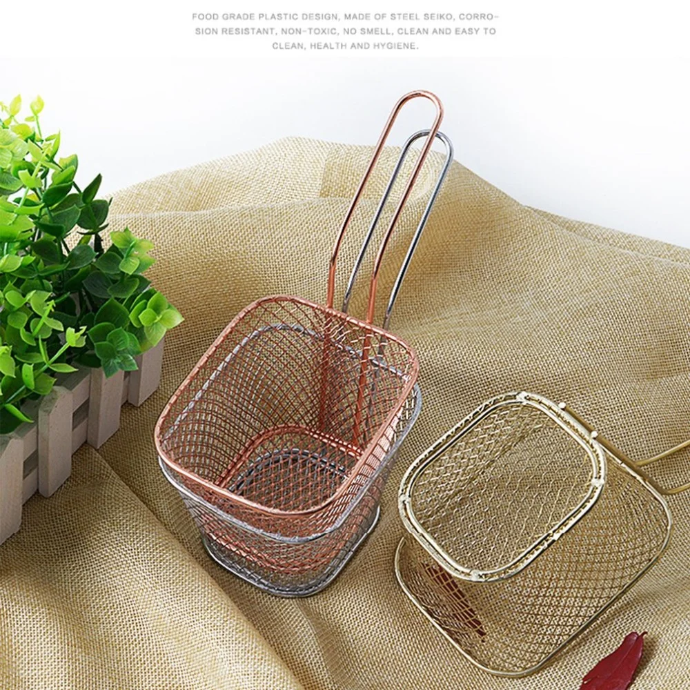 Food Grade 304 Stainless Steel fry serving basket with long handle for chips chicken and shrimps