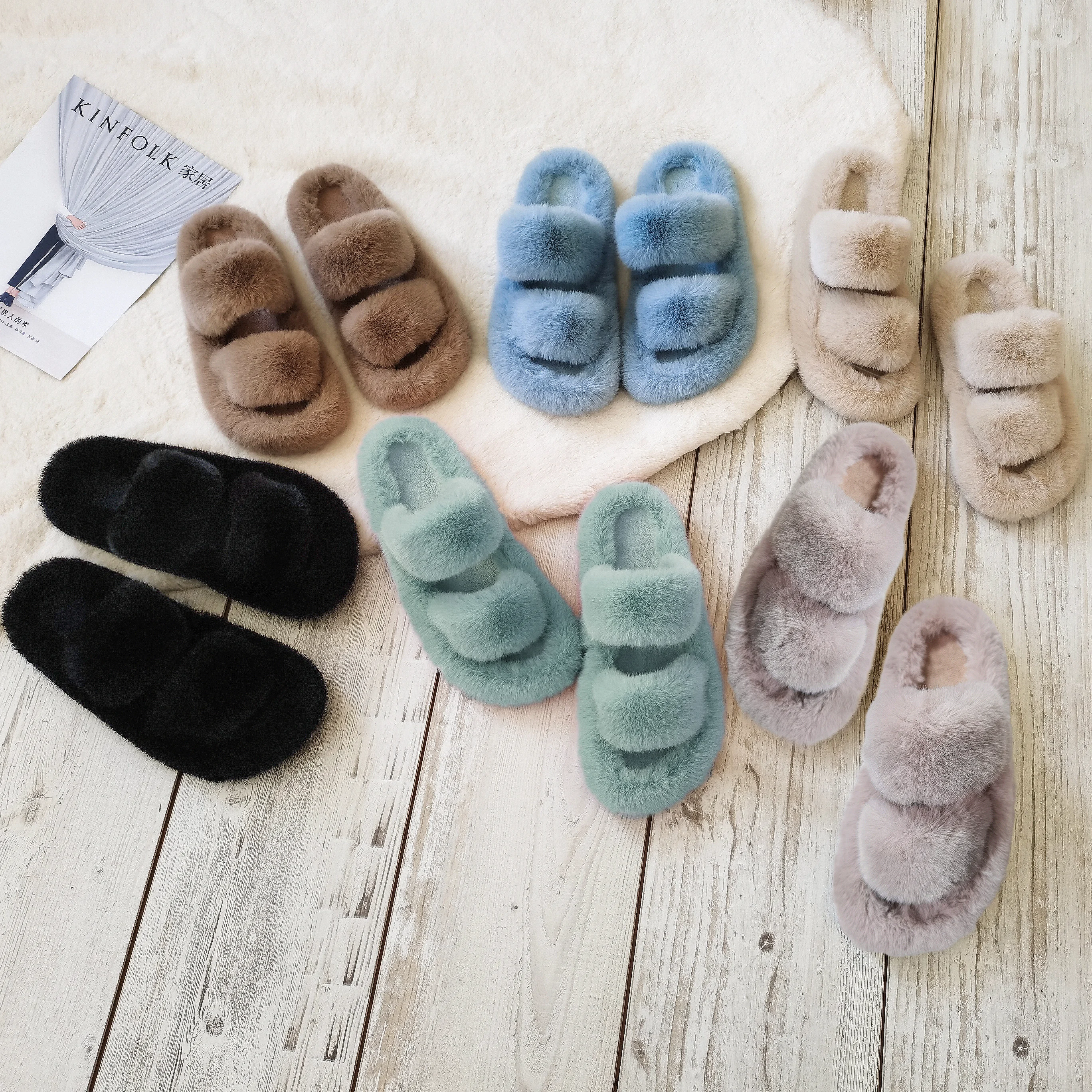 Factory Wholesale Custom Faux Fur Slippers for Women, Wholesale Custom Fur Slides for Women