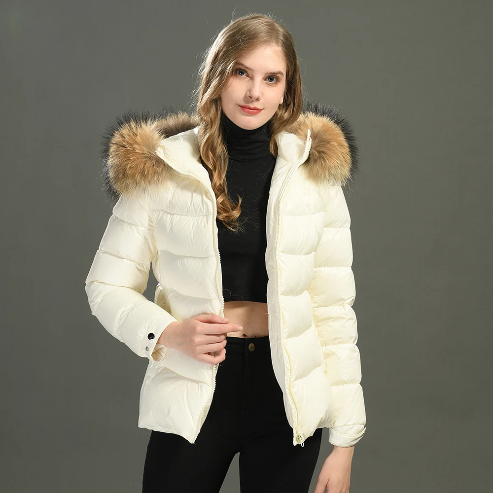 White Duck Down Jacket Hooded Wholesale Winter Removable Real Fur Collar Custom Winter Bobble Puffer Jacket Women Down Coats