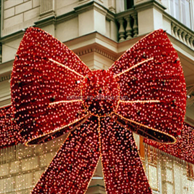Outdoor large light up red ribbon bow Christmas illumination for commercial grade holiday decoration for shopping mall
