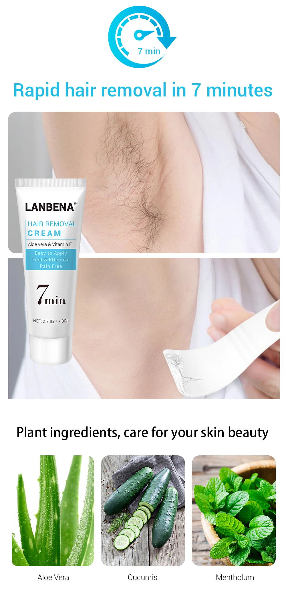 
LANBENA Hair Removal Cream Painless Removal Depilation Calming Balm Gentle Effective Epilator Nourishing Repairing Body Care 80g 