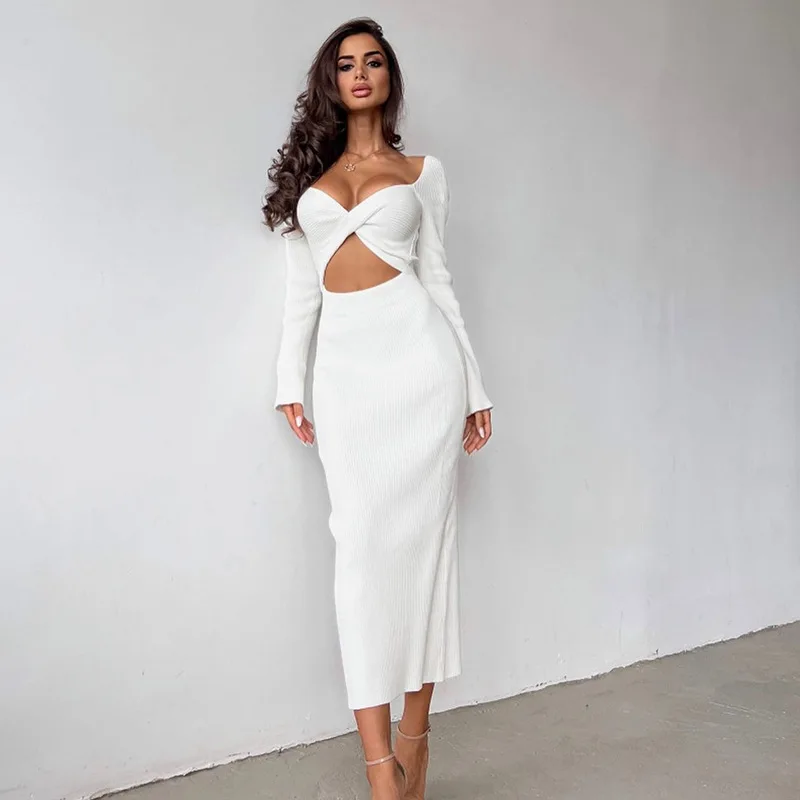 RedPeony 2023 Cross Hollow Hip Elegant Solid Vestidos Women Sexy Hollow Out Long Sleeve Bodycon Dresses Fashion Knit Dress