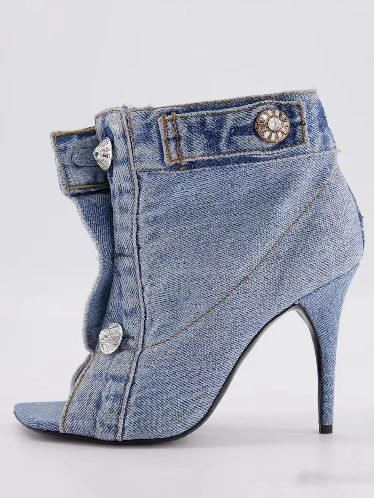 Summer Square Open Toe High-Heeled Short Boots Denim Ankle Boots Stiletto Sandals Buckles Jeans Women Shoes
