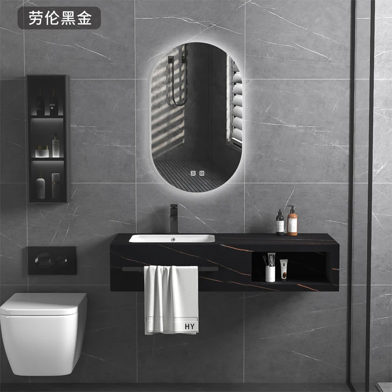 New marble bathroom vanity with LED mirror  rock slate bathroom vanity cabinet with ceramic basin and towel shelf