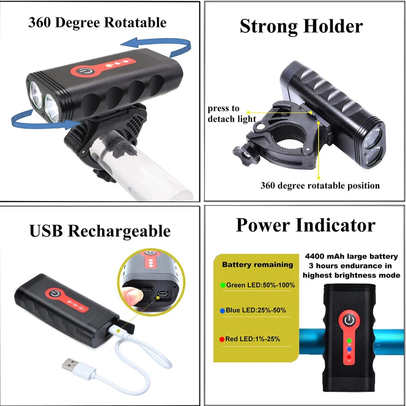 Super Bright Bicycle Light 1200LM LED Bike Light Set With USB Chargeable 18650 Battery Cycling Front Bicycle Light Usb