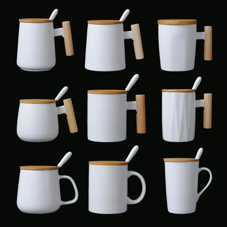 Wholesale White Blank Porcelain Tea Cup Promotional Gift Set Custom Logo Printed Ceramic Coffee Mug With Spoon Wooden Handle