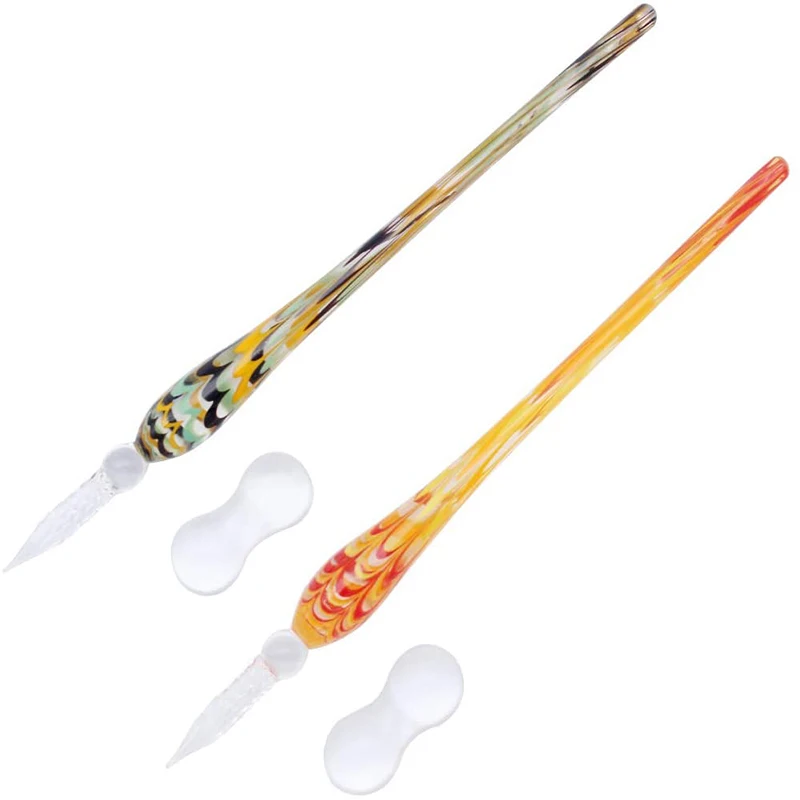 Wholesale Ribbon Glass dip pen Glass Handmade Murano Lampwork Spiral Nib Tip Dip Pen with Penholder for office Tableware Decor