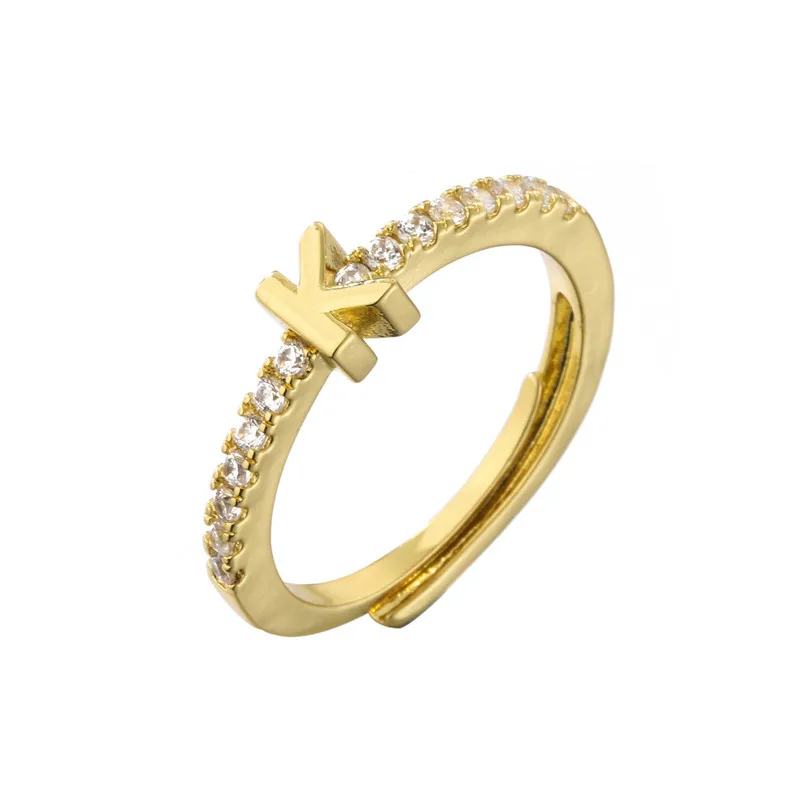 Women gold ring A-Z initial letter ring adjustable with zircon