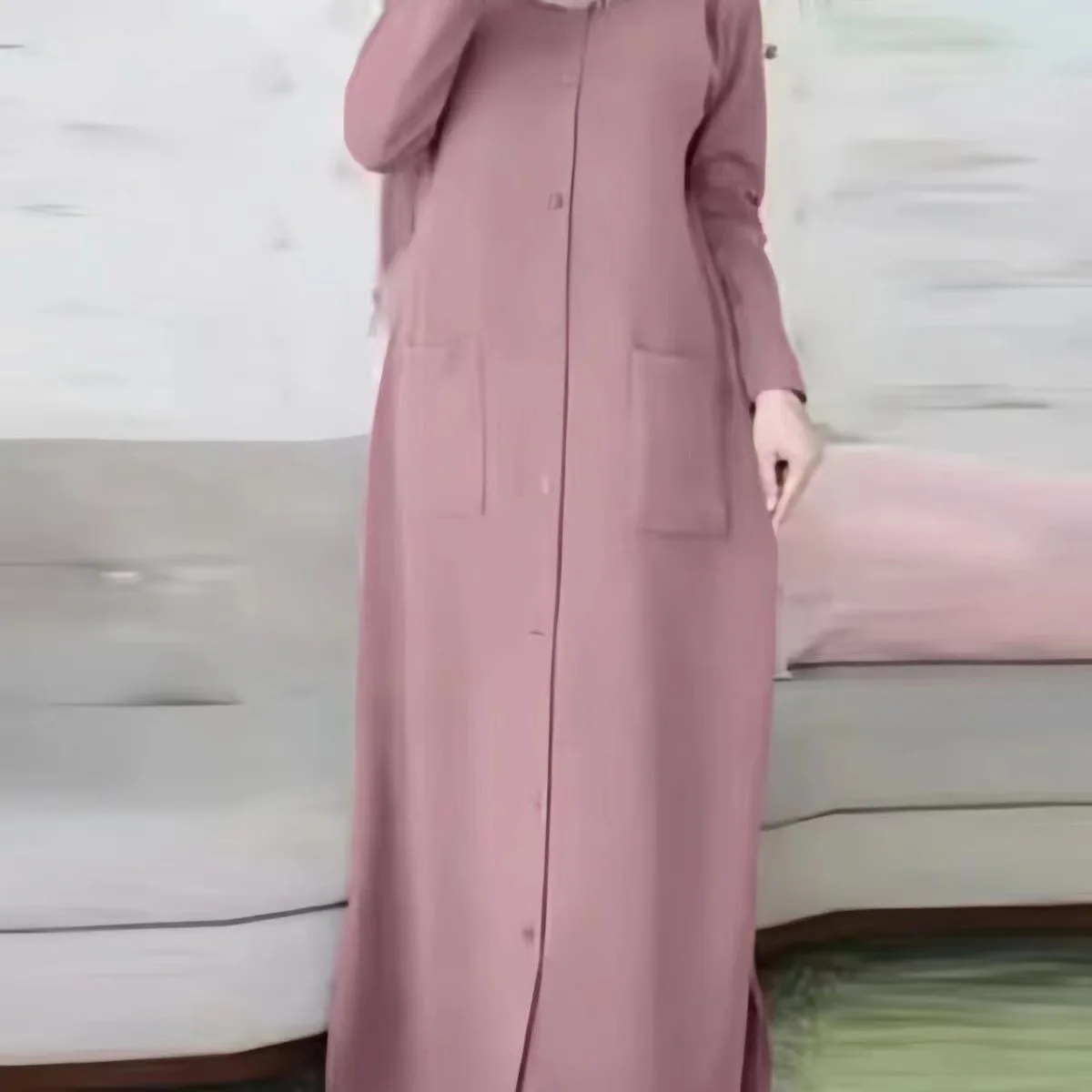 2024 Summer Solid Color Loose Round Neck Long Sleeve Long Shirt Abayah Islam Clothes For Women Muslim Dress
