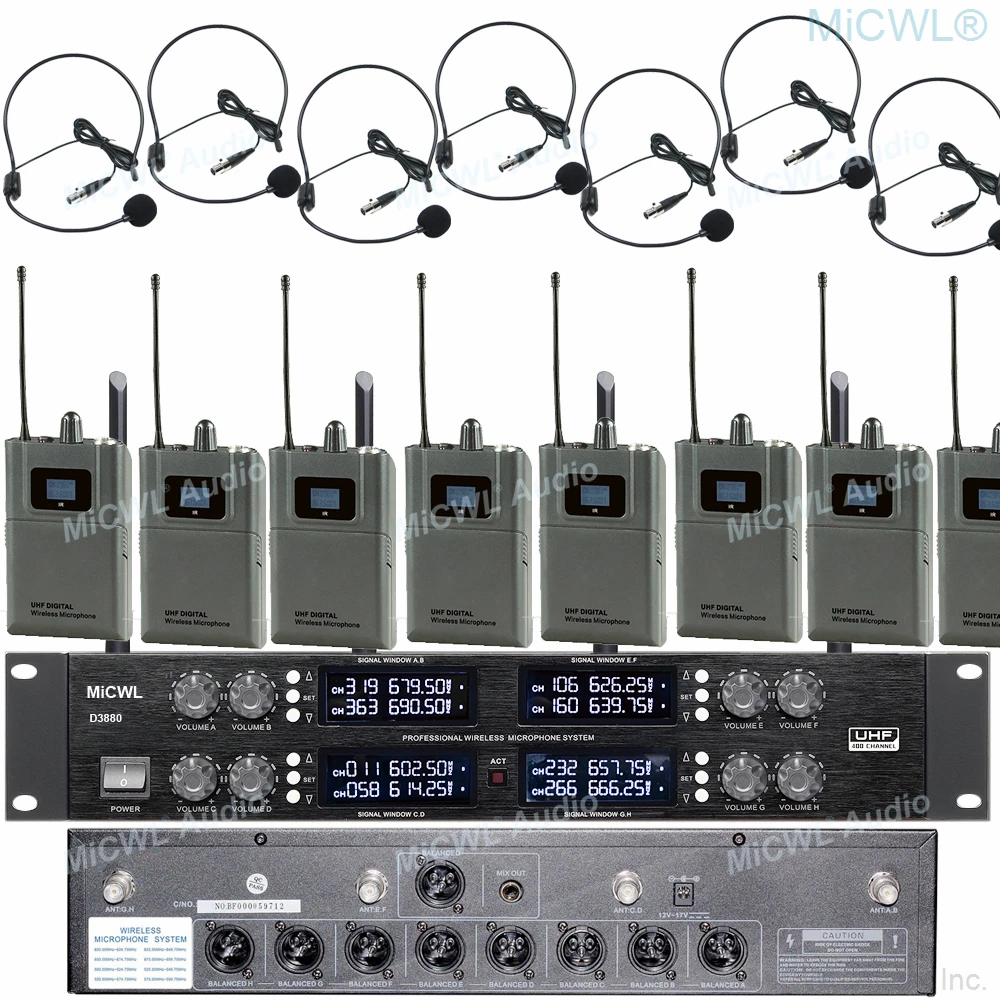 MiCWL Audio Inc 8 Headset 8 Lavalier Mic Bodypack Professional 8 Channel UHF Stage Wireless Microphone System Lapel Microphones
