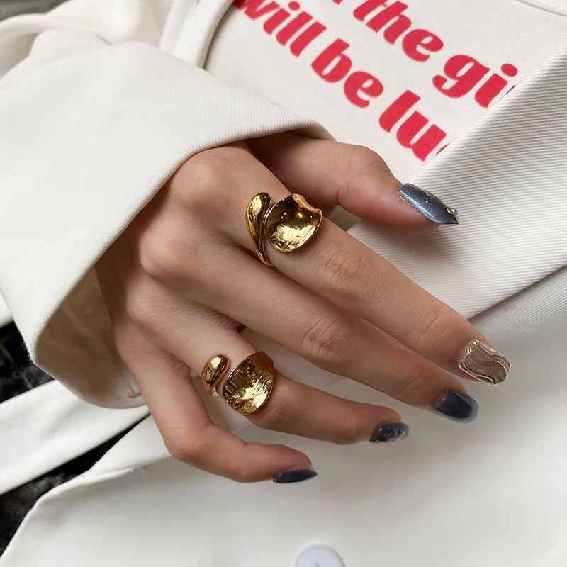 European American Style Irregular Concave-Convex Water Drop Gold Silver Tin Foil Pattern Fashion Open Ring for Women