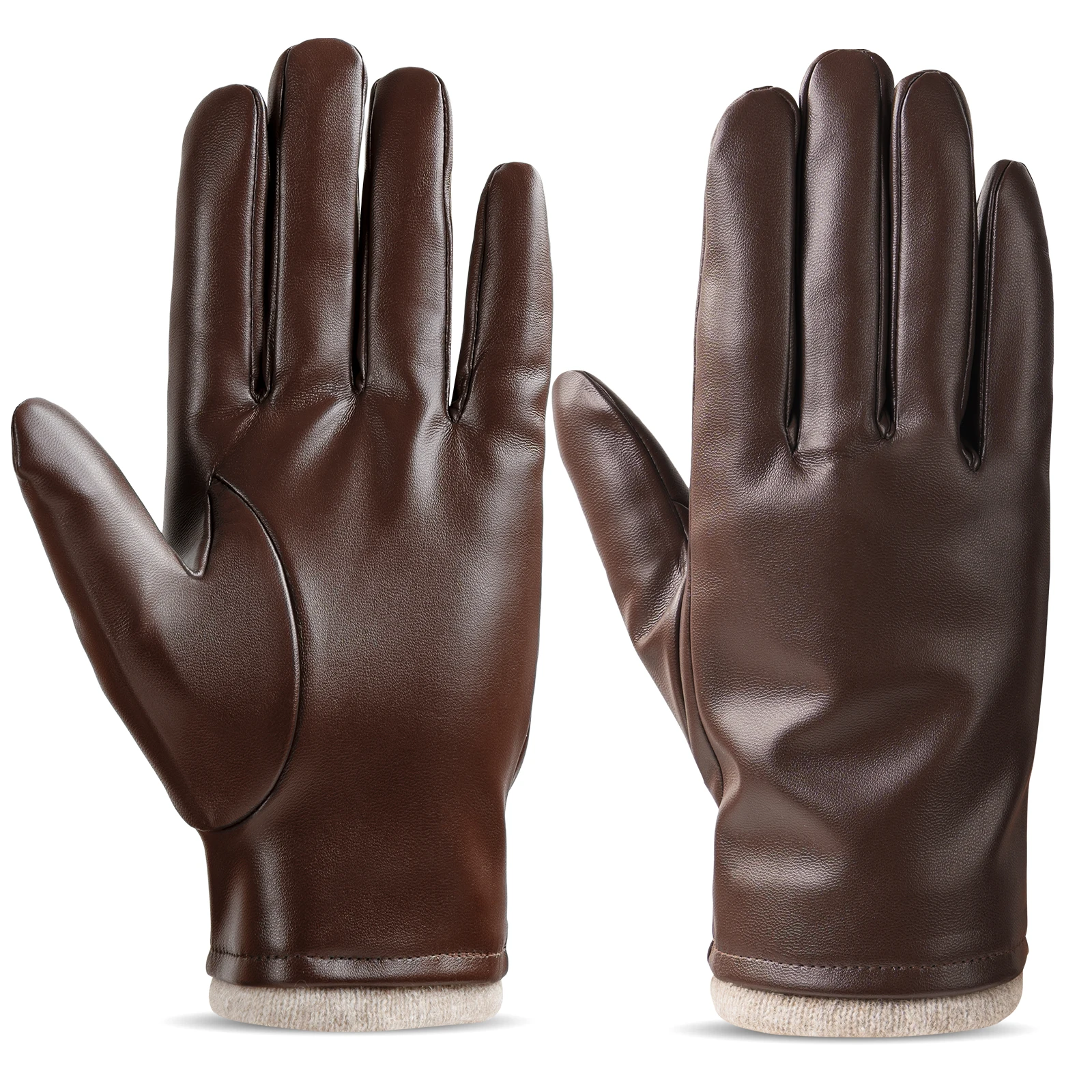 OZERO Mens Winter Gloves Warm Cashmere Lining PU Leather Touchscreen Windproof Thermal Gifts for Men Dad Black Brown