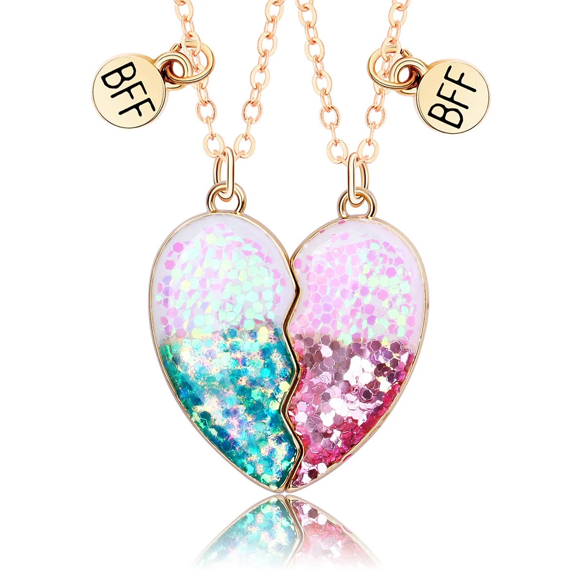 Colorful Heart-shaped Scallion Powder Sequin Pendant Best Friend Chain Lovely BFF Friendship Necklace for Friend Girl 2Pcs/Set
