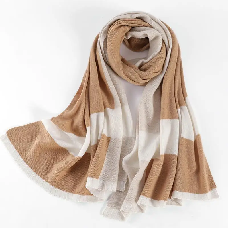 Derong new stripe cashmere wool knit long women scarves 100% merino wool scarf for women