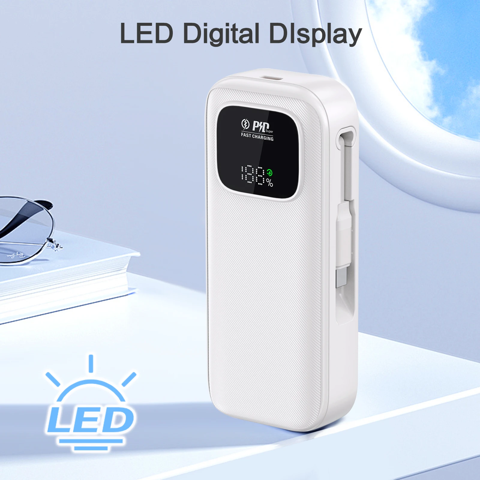 Custom Energy Companion Portable Fast Charger 10000mAh 22.5W Type-C LED Display Retractable Built-In Cable Fast Power Bank Gift
